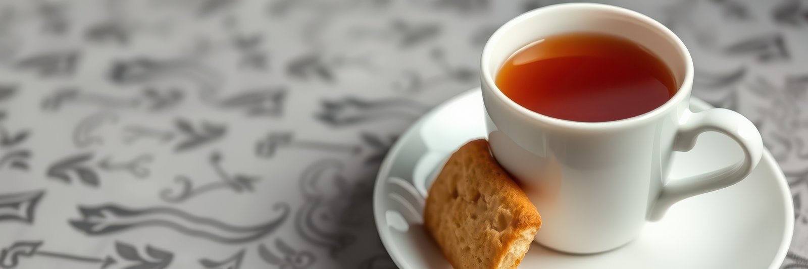 Warm cup of tea with a biscuit on a decorative tablecloth during a relaxing afternoon